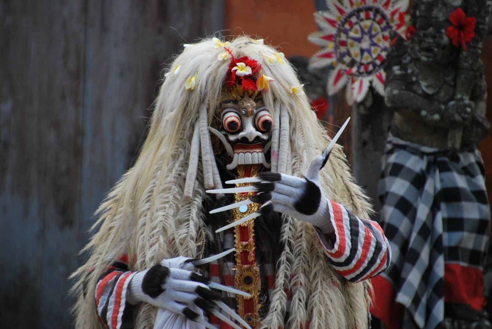 Bailarín con la máscara de Rangda, melena blanca de fibras vegetales con flores de frangipani y guantes de uñas larguísimas, durante una representación de danza balinesa