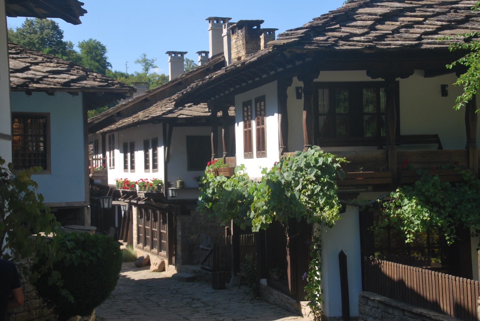 Callejón de casas encaladas con balcones de madera, parras y chimeneas de piedra en Etar