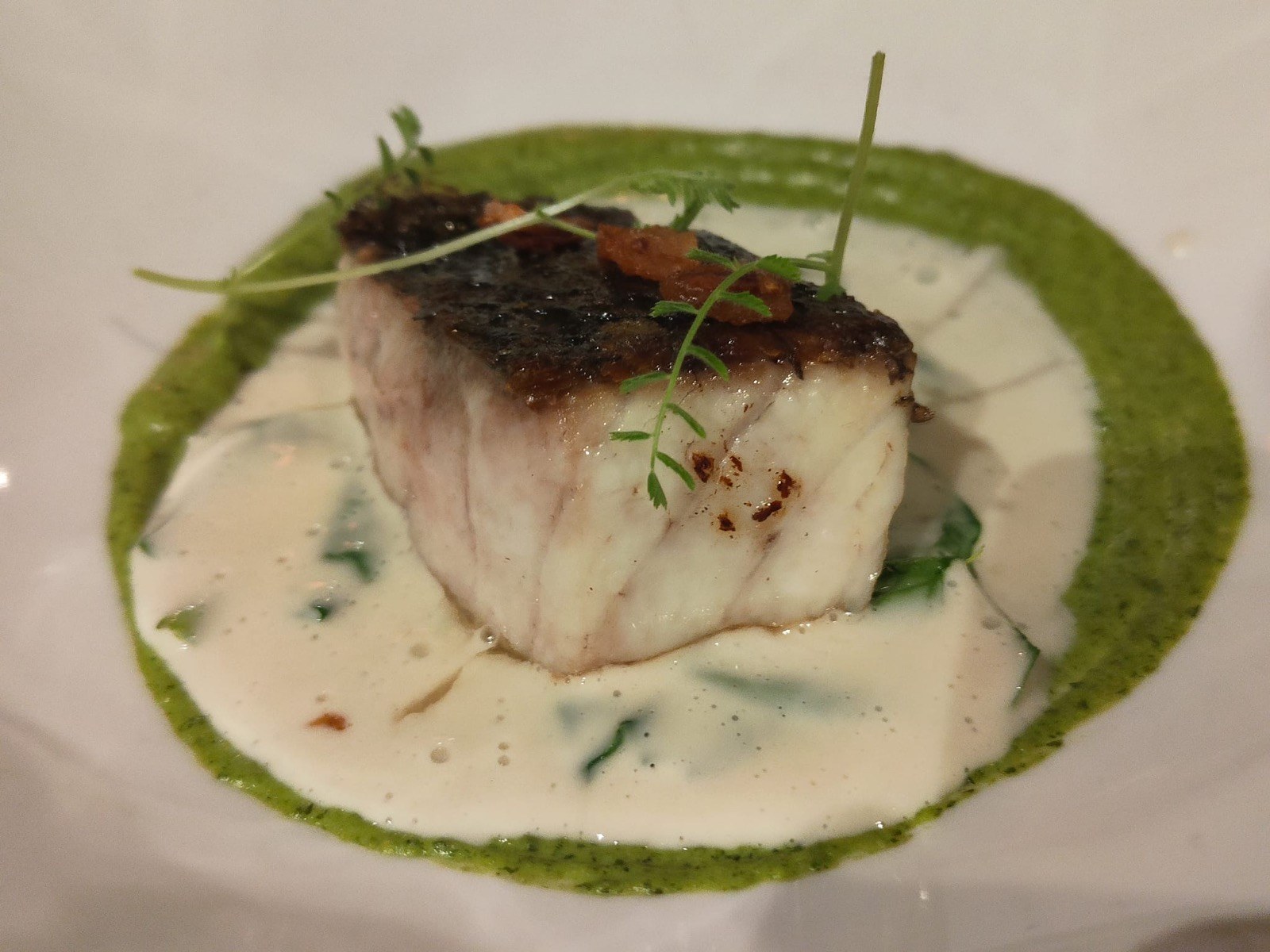 Merluza confitada, crema de perejil y sofrito gallego